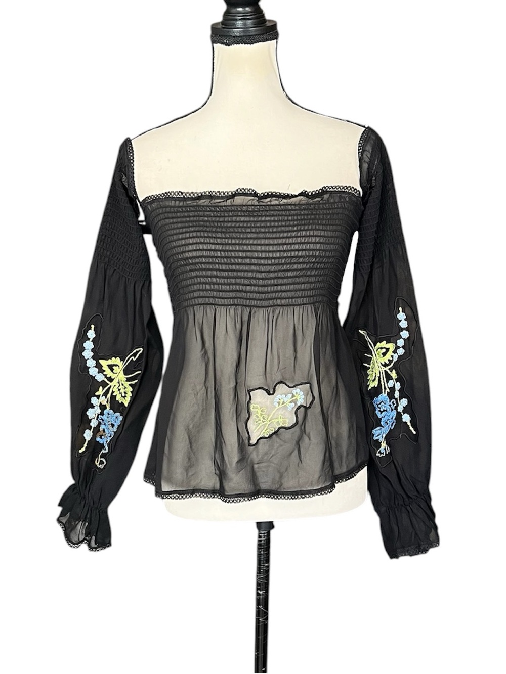 Vintage Betsey Johnson Silk Sheer Mesh Floral Embroidery Peasant Top